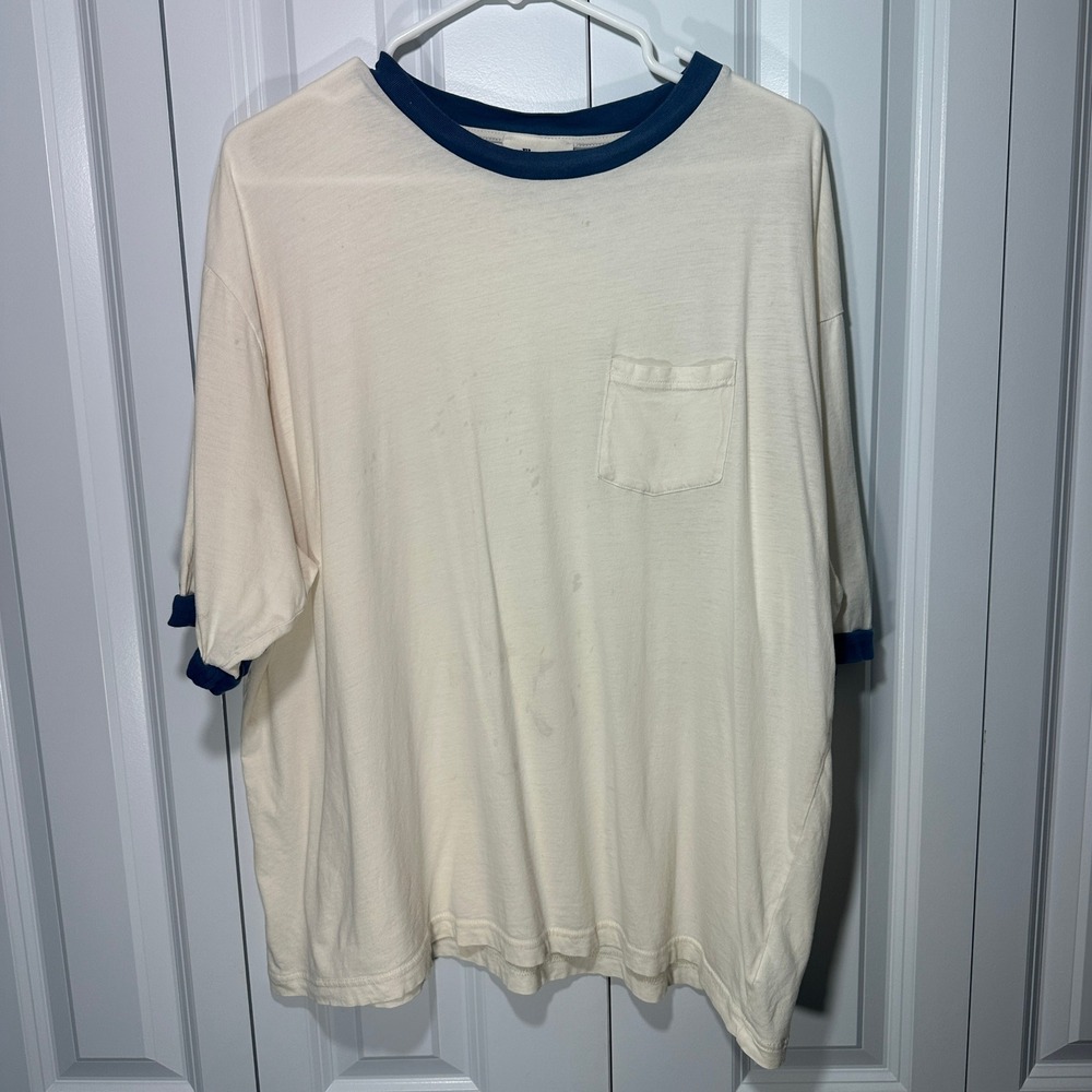 Elwood Ringer T-Shirt Mens M Cream Navy Blue Pocket Boxy Fit Tee Organic Cotton